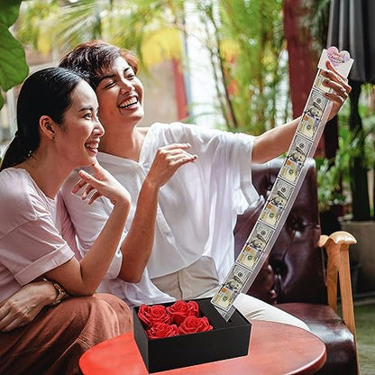 Money Box for Cash Gift Pull, Money Gift Boxes for Cash on Birthday, Christmas, Graduation, Mother's Day, for Husband, Wife, Girlfriend, Mother With Soap Rose Flower and Greeting Cards (Black+Red) - color: Black+Red