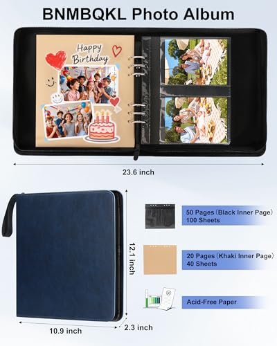 Leather Photo Album 4x6 200 Photos, DIY Scrapbook with 50 Sheets and 20 Blank Kraft Sheets, Travel Souvenir Diary Photo Book for Family Wedding Baby and Holiday Pictures - color: Blue