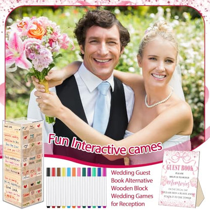 Beeveer 80 Pcs Wedding Guest Book Alternative Wooden Block Guest Book for Wedding Sign in Bridal Shower Decoration 54 Pcs Wooden Block Bridal Shower Game for Sign in, Reception(Pink Bow) - style: Pink Bow