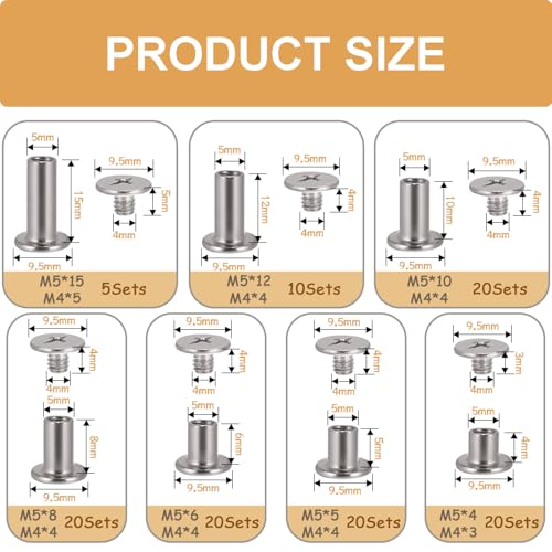 zDwfDc 115Sets Chicago Screws for Leather Rivets Kit M5*4, 5, 6, 8, 10, 12, 15 Silver Rivets for Leather Working Kit DD031-S - color: Silver