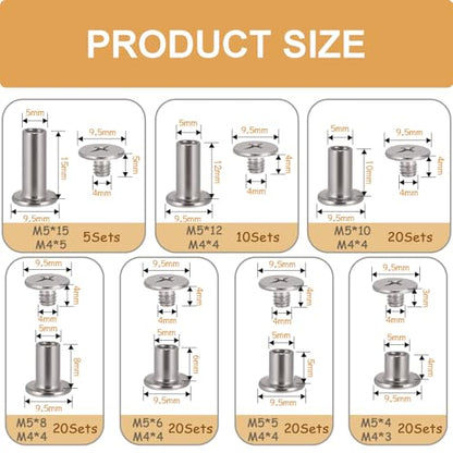 zDwfDc 115Sets Chicago Screws for Leather Rivets Kit M5*4, 5, 6, 8, 10, 12, 15 Silver Rivets for Leather Working Kit DD031-S - color: Silver