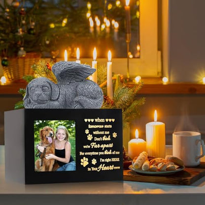 Pet Memorial Urns for Dog Ashes Box, Large Wooden Pet Dogs Urns with Dog Angel and Photo Frame, Memorial Keepsake Memory Box, Loss Pet Puppy Memorial Black Funeral Cremation Box Remembrance Gift