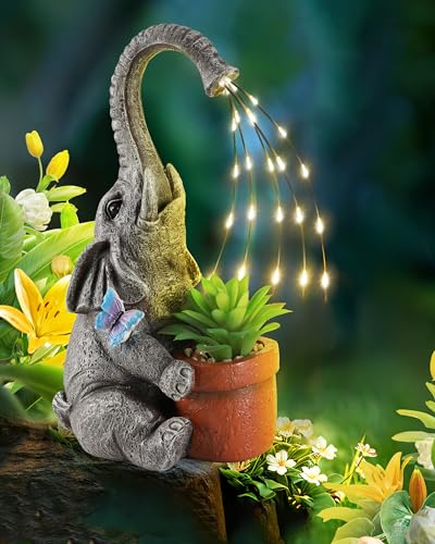 iStatue Solar Elephant Figurine with Succulent Plant Pot - 11'' Hand-Painted Lifelike Resin Lawn Ornaments Statue for Yard Art Garden Decor Gifts (Elephant) - color: Elephant