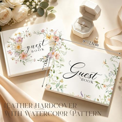 EVERLORIA Wedding Guest Book, Leather Guest Sign in Book, 108 Blank Pages Signature Guestbook for Wedding Reception Anniversary Bridal Baby Shower Quinceanera Birthday Graduation, 9"x7" - color: Floral B