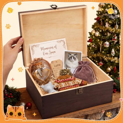 Pet Memorial Box Loss of Dog Cat Personalized Sympathy Gift Wooden Urn Ashes Box and Memorial Bottle for Pet Hair Memory Keepsake Fur Forever Loved Always in Heart Remembrance Gifts (Cat)