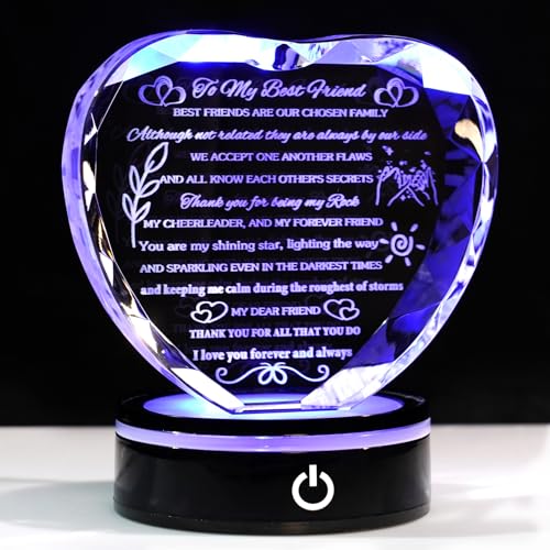 YWHL Best Friend Birthday Gifts with LED Base Crystal Heart Keepsakes Friendship Gifts for Women Best Gift Ideas for Bestie Friends Female BFF Gift for Her - style: Best Friend Gifts+LED Style 2