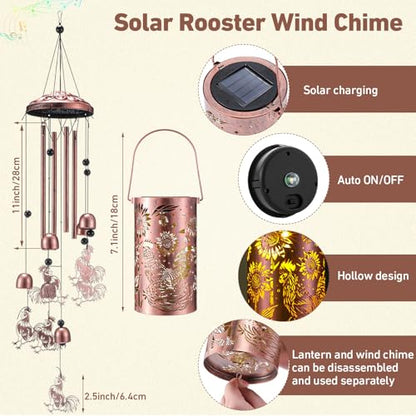 Retisee Rooster Solar Wind Chimes Outdoor Metal Rooster Gifts Solar Light Windchimes Outside Indoors Christmas Decoration Birthday Gift for Home Lawn Porch Patio Garden Yard - style: Rooster