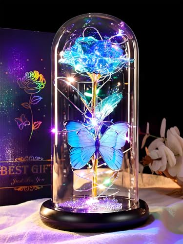 Birthday Gifts for Women Mom Galaxy Crystal Flower Blue Rose in Glass Dome - color: Sky Blue