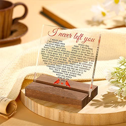 Red Cardinal Sympathy Memorial Gift Acrylic Wood Keepsake for Loss | Loss Loved One Father Mother, I Never Left You Cardinal, Acrylic Plaque Wooden Stand, Table Decor, Bereavement Gift