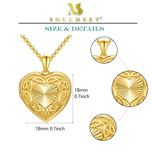 SOULMEET 10K 14K 18K Solid Gold Personalized Sunflower/Starburst/Cross/Rose/Lotus/Butterfly/Turtle/Celtic/Bee Heart Locket Necklace That Holds Picture Gift Choice - style: L-Solid gold celtic heart locket+photo
