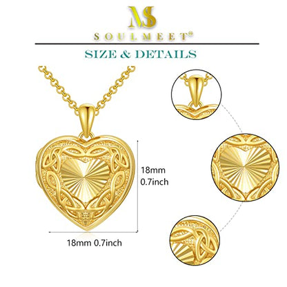 SOULMEET 10K 14K 18K Solid Gold Personalized Sunflower/Starburst/Cross/Rose/Lotus/Butterfly/Turtle/Celtic/Bee Heart Locket Necklace That Holds Picture Gift Choice - style: L-Solid gold celtic heart locket+photo