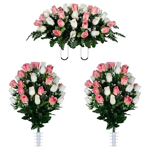 Sympathy Silks Artificial Cemetery Flowers - Gravesite Flowers - Cream Pink Roses - (1) Headstone Flower Saddle & (2) Matching Bouquet - color: Cream and White Roses, size: (1) Saddle (2) Bouquet