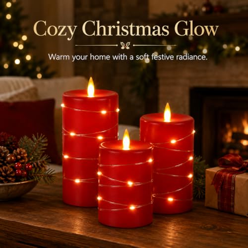 Upinmz Red Real Wax Flameless Candles, 3-Pack, Remote Timer, String Lights - size: Red-Wax-3 Pack