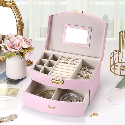 ELLDOO Musical Jewelry Box with Drawer, Pink Music Box Keepsake Box, Small Trinket Jewelry Storage Box Gift for Girls Women (Tune: You are My Sunshine) - color: Pink
