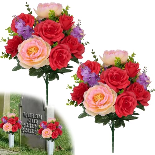 2Pcs Peony Artificial Flowers, Cemetery Flowers for Grave 17.7in | Red Rose Bouque, Faux Peony, UV Resistant, Silk Flower, Memorial Day Table Centerpieces, Headstone Vase Outdoor Indoor Decor - color: Red Pink