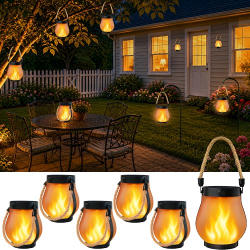 6 Pack Solar Lanterns Outdoor Waterproof, Flickering Flame Solar Lights | USB/Solar Charging, 2 Modes, IP65 Waterproof, Auto ON/OFF, Hemp Rope Handle, Hanging/Tabletop, for Tree Garden Yard Patio - size: 6 Pack