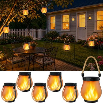 6 Pack Solar Lanterns Outdoor Waterproof, Flickering Flame Solar Lights | USB/Solar Charging, 2 Modes, IP65 Waterproof, Auto ON/OFF, Hemp Rope Handle, Hanging/Tabletop, for Tree Garden Yard Patio - size: 6 Pack