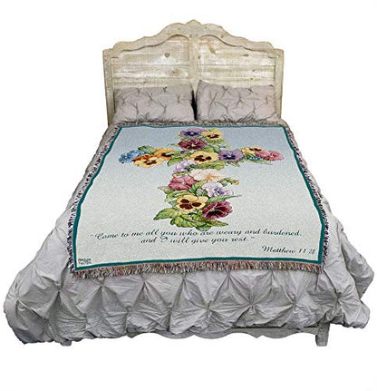 Pansy Cross Blanket by Parker Fulton - Come To Me All You Who Are Weary - Scriptures Matthew 11:28 - Sympathy Bereavement Gift Tapestry Throw Woven from Cotton - Made in the USA (72x54) - color: Pansy Cross, size: 72" x 54"