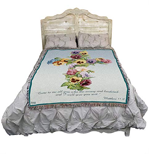 Pansy Cross Blanket by Parker Fulton - Come To Me All You Who Are Weary - Scriptures Matthew 11:28 - Sympathy Bereavement Gift Tapestry Throw Woven from Cotton - Made in the USA (72x54) - color: Pansy Cross, size: 72" x 54"