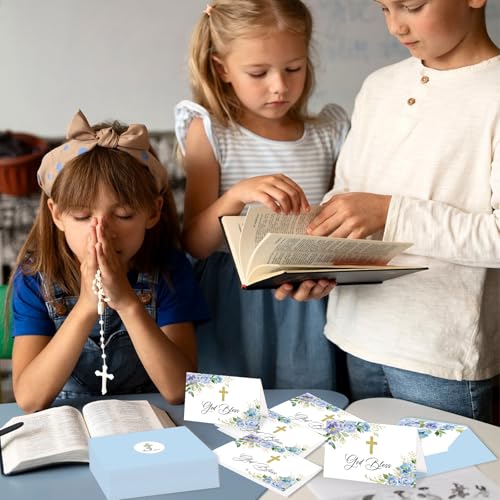 48 Pack Christian Thank You Cards, Watercolor Blue Floral Cross Baptism Thank You Cards with Envelopes & Stickers, VBS Thank You Cards First Communion & Religious Occasions - style: 48 Pcs - Blue Christian