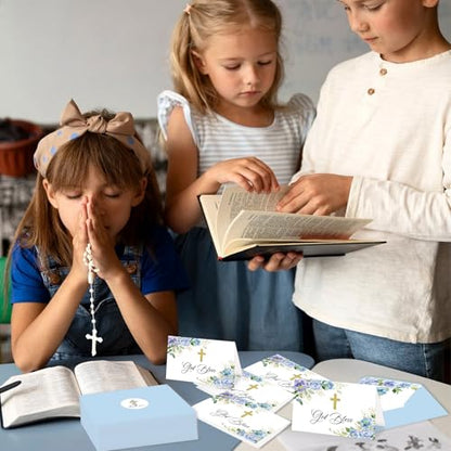 48 Pack Christian Thank You Cards, Watercolor Blue Floral Cross Baptism Thank You Cards with Envelopes & Stickers, VBS Thank You Cards First Communion & Religious Occasions - style: 48 Pcs - Blue Christian