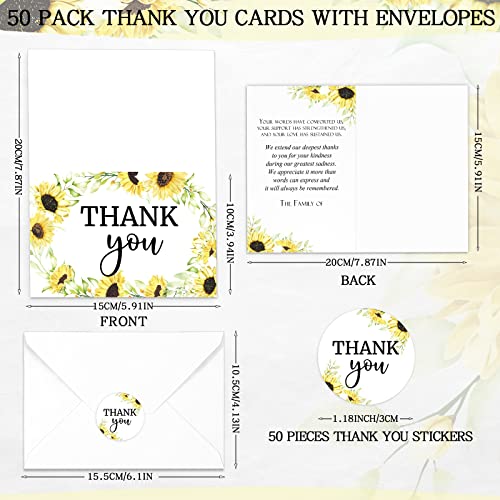 Fumete 50 Set Funeral Thank You Cards, Sunflower | with Envelopes and Sticker Thank You Sympathy Card with Message Bereavement for Funeral Family Loved Ones Celebration of Life - style: Sunflower