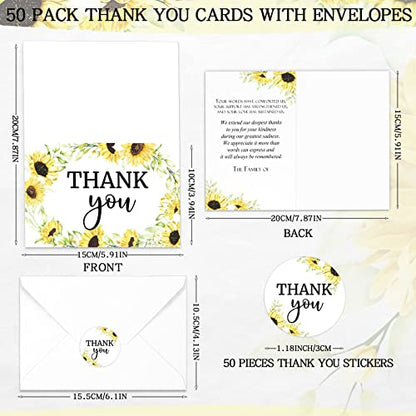 Fumete 50 Set Funeral Thank You Cards, Sunflower | with Envelopes and Sticker Thank You Sympathy Card with Message Bereavement for Funeral Family Loved Ones Celebration of Life - style: Sunflower