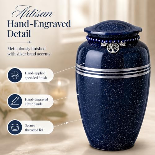 Blue Urn for Human Ashes Adult 220 lbs Metal Cremation Urns Men & Women | Tree of Life & Butterfly Charm, Speckled Navy Blue Color, Solid Metal Build, Threaded Lid, Velvet Bag, For Male & Female - color: Blue