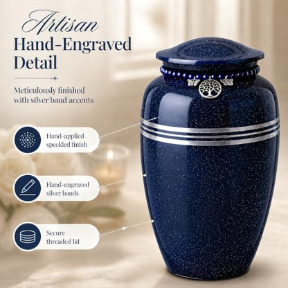 Blue Urn for Human Ashes Adult 220 lbs Metal Cremation Urns Men & Women | Tree of Life & Butterfly Charm, Speckled Navy Blue Color, Solid Metal Build, Threaded Lid, Velvet Bag, For Male & Female - color: Blue