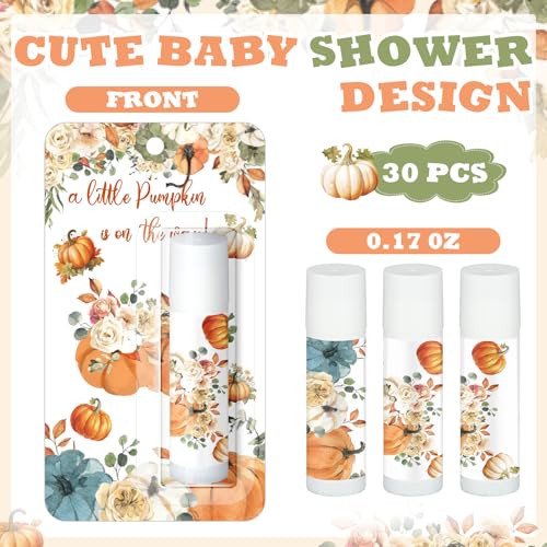 30 Pack Fall Little Pumpkin Baby Shower Games Prizes Gifts Bulk Pumpkin Pie Scented Lip Balms Favors for Boys Girls Gender Reveal Decorations Halloween Autumn Thanksgiving Baby Shower Bags Stuffer - style: Little Pumpkin