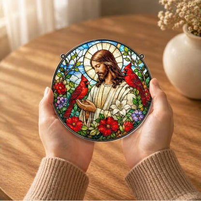 Jesus with Cardinals Memorial Suncatcher, 8" Christian Stained Glass Wavy Acrylic Window Hanging, Sympathy Gift for Loss of Loved One, Mom, Dad, Grandma, Family Members, Religious Gifts for Women - color: Jesus With Cardinals