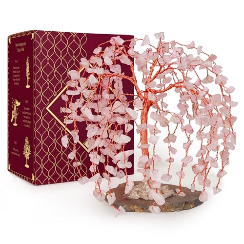 KARMAPLEDGE Chakra Tree of Life Birthday Gifts for Women, Home and Office Decor, Handmade Rose Quartz Crystal Tree for Money, Positivity, Reiki Healing, Spiritual Good Luck Gifts for Mom & Dad - color: 11 Rose Quartz Khajuri Tree 200 Beads