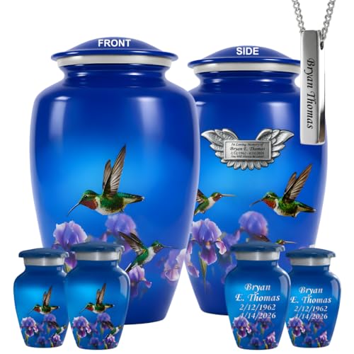 Set of 7 Hummingbird Custom Engraved Decorative Funeral Urns for Ashes Adult Male & Female Includes 1 Large Urn with 4 Small Keepsakes & 1 Silver (Blue Hummingbird Plaque, Urns) - color: Blue Hummingbird Plaque