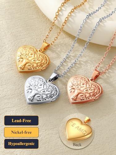 U7 Women Locket Necklace, Heart Photo Lockets Hold Picture, Gift Box Packed - color: 04# Gold(Tree)