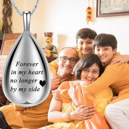 Yinplsmemory Carved Teardrop Keepsake Ashes Necklace Urn Pendant Cremation Memorial Jewelry-Always in my heart - color: Silver-Forever in my heart