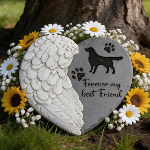 Landoraloria Dog Memorial Stone 10” Heart with Wings Outdoor Pet Grave Marker Cement Garden Remembrance Stone Sympathy Gift for Loss of Dog Rainbow Bridge Design