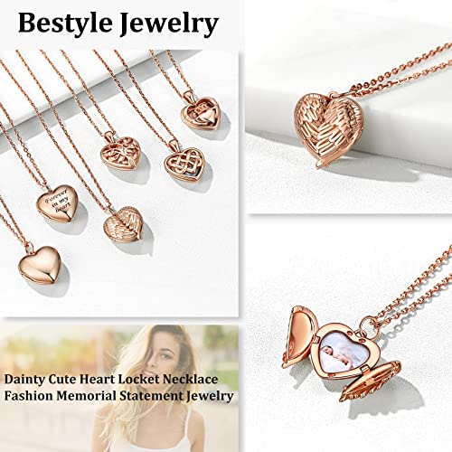 Bestyle Sterling Silver Heart Locket Necklace for Women, Dainty Cute Small Heart Locket Pendant in Gold/Rose Gold/Silver, Love Statement Jewelry Gift for Mother Wife - color: D1. Angel Wing-Rose Gold-Locket Only, NO Custom