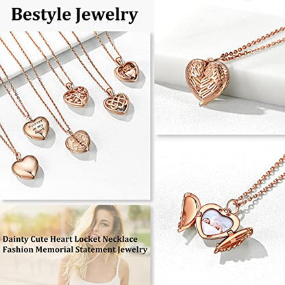 Bestyle Sterling Silver Heart Locket Necklace for Women, Dainty Cute Small Heart Locket Pendant in Gold/Rose Gold/Silver, Love Statement Jewelry Gift for Mother Wife - color: D1. Angel Wing-Rose Gold-Locket Only, NO Custom
