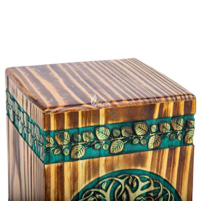 Wooden Urn for Human Ashes, 640 Cu in, XX-Large, Teal & Gold | Hand-carved wood, teal over gold, screw-locked sliding base, engraving available, holds two adults, to 640 lb combined - color: Teal & Gold, size: XL - 14Hx7.5W (640 Cu/In)