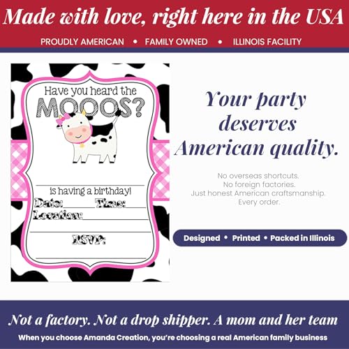 Amanda Creation Cow Birthday Invitations for Girls, 20 Pack 5x7 Fill-In Cow Party Invitations with White Envelopes, Heard the Moos Pink Farm Animal Cards, Made in USA - color: Heard the Moos Pink Cow