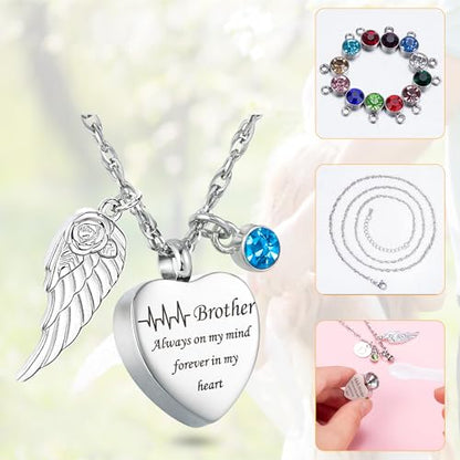 Gredstar Heart Urn Necklace for Ashes, ECG Memorial Pendant | Heartbeat Line, Angel Wing, 12 Birthstones, Stainless Steel, Screw Closure, Funnel & Box Included - style: Brother