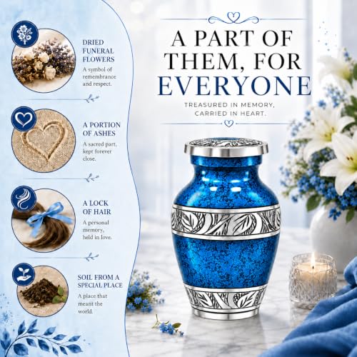 Small Urns for Human Ashes – Blue Keepsake Cremation Urns – Handcrafted Mini Urns for Ashes – Premium Aluminum – Holds 3 Cubic Inches of Ashes – Secure Threaded Lid – for Men & Women - size: Blue Small