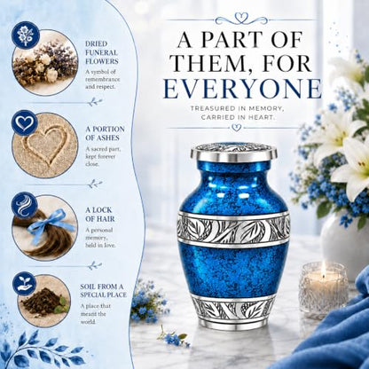 Small Urns for Human Ashes – Blue Keepsake Cremation Urns – Handcrafted Mini Urns for Ashes – Premium Aluminum – Holds 3 Cubic Inches of Ashes – Secure Threaded Lid – for Men & Women - size: Blue Small