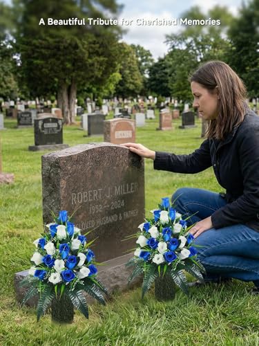 Mirevielyn 2-Pack 24 Stems Artificial Rose Cemetery Flowers with Vases - color: Royal Blue & White