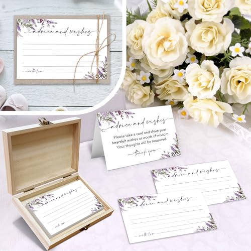 Advice and Wishes Cards Box – 50 Pcs Lavender Well Wishes & Wedding Advice Cards for Bride & Groom, Baby Shower, Birthday, Graduation, Wedding Reception, Retirement -A06 - color: Lavender, size: Set with Wooden Box