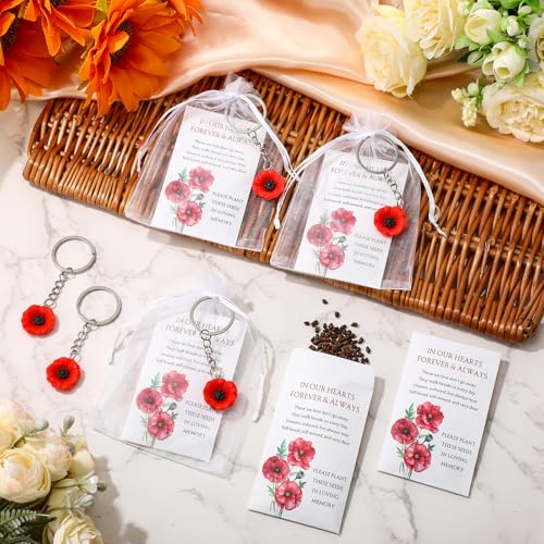 50 Sets Memorial Day Favors for Guests Bulk Remembrance Poppy Keychains with Seed Packets Celebration of Life Keepsakes
