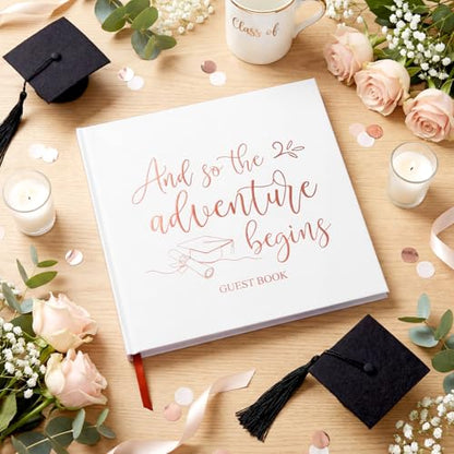 2026 Graduation Guest Book 8.7'' x 8.7" with 2 Markers Adventure Begins Guestbook Class of 2026 Picture Book Hardcover Rose Gold Foiled Photo Album for Graduation Party Supply Gifts 144 Pages - color: White, style: Motivational