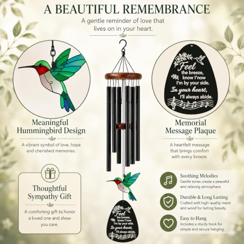 HCSS Memorial Wind Chimes for Outside,Sympathy Wind Chimes for Loss of Loved One,Memorial Gifts for Loss of Mom Dad - Hummingbird Wind Chimes for Outside with Mute Option, Bereavement Gifts. ﻿