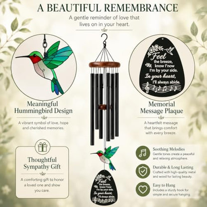 HCSS Memorial Wind Chimes for Outside,Sympathy Wind Chimes for Loss of Loved One,Memorial Gifts for Loss of Mom Dad - Hummingbird Wind Chimes for Outside with Mute Option, Bereavement Gifts. ﻿