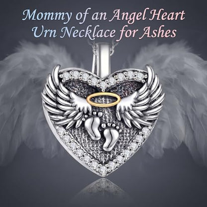 Family Members Urn Necklace for Ashes 925 Sterling Silver Angel Wings Heart Cremation Memorial Keepsake Pendant Jewelry for Loved One's Ashes, with 18" + 2" Stainless Steel Chain - style: Heart-Mommy of an angel